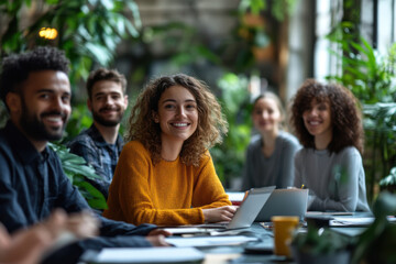 Group sits at table. People smile together. Meeting in green office. Work team at desk. Happy team looks on.