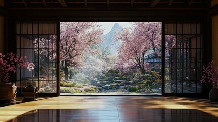 Traditional Japanese tea house with a stunning view of blooming cherry blossoms