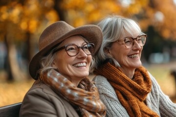 Fototapeta premium Senior women enjoy autumn. Friends are smiling. Happy women sit together. Park with fall colors. Outdoor lifestyle and aging.