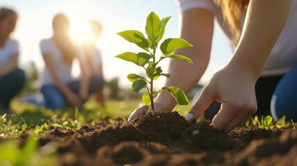 Volunteers planting a young tree in a field