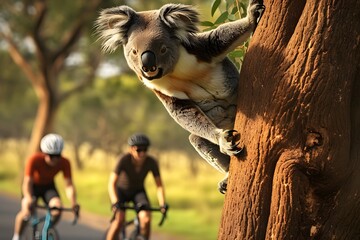 Adorable koala climbing on eucalyptus tree in Australian wilderness