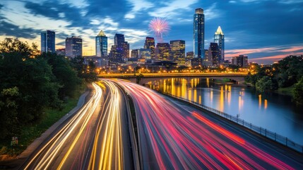 Obraz premium Fireworks illuminating the night sky over a city skyline with a festive glow.