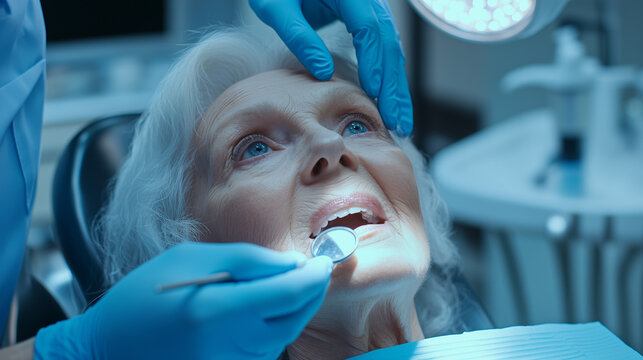 Elderly woman in a dental checkup at a clinic, with a dentist examining her mouth under bright surgical light. The image captures medical professionalism patient care. Image made using Generative AI