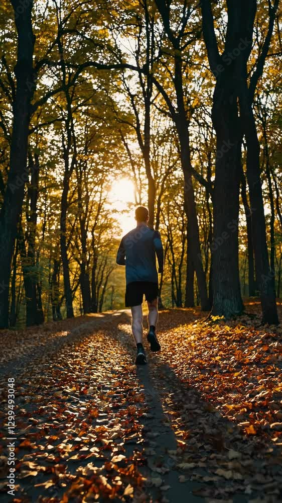 Poster a dynamic video captures a runner from a low-angle, emphasizing speed and motion, as they jog throug