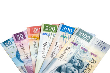 Mexico money, fragments of Mexican peso banknotes arranged in a fan. Business concept. Transparent...
