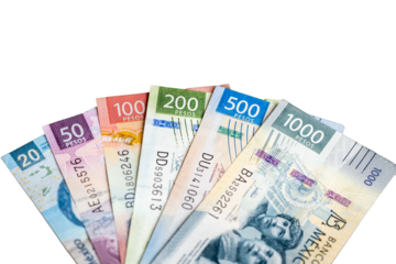 Mexico money, fragments of Mexican peso banknotes arranged in a fan. Business concept. Transparent background.