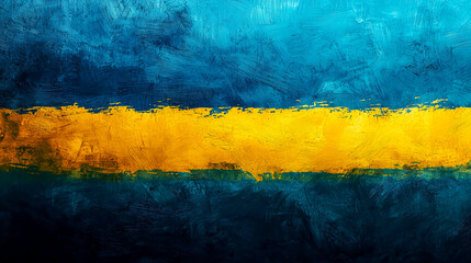 Abstract painting featuring a bold, horizontal yellow stripe against a contrasting blue background, creating depth and texture.