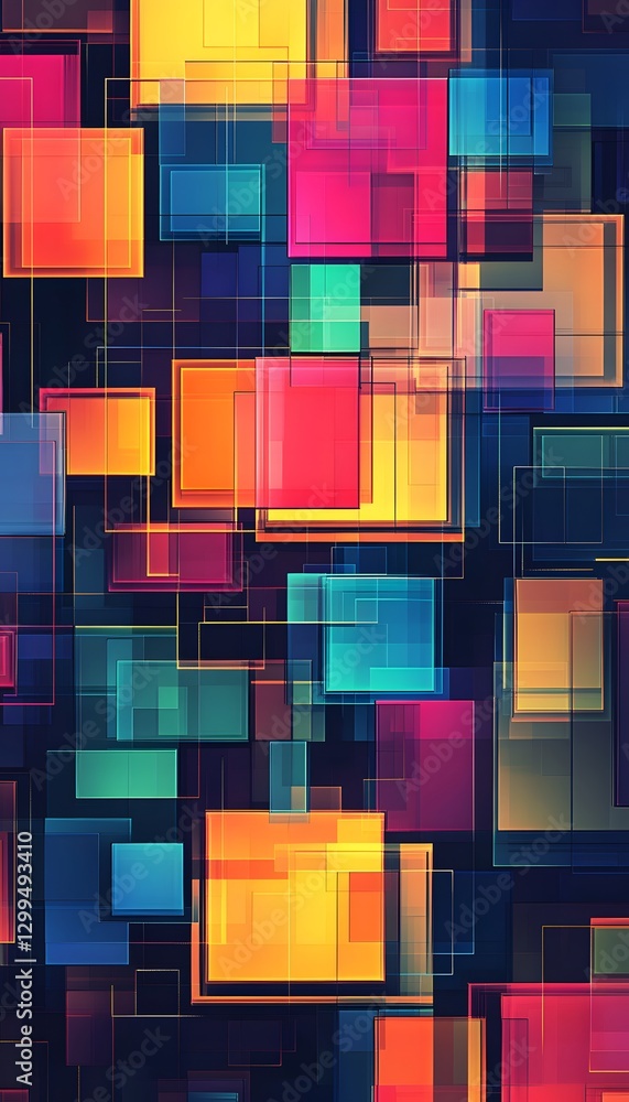 Poster a vibrant abstract composition featuring colorful overlapping squares and lines