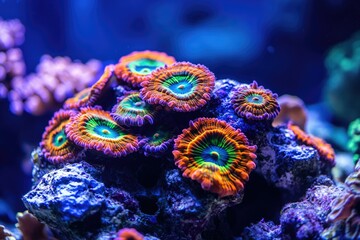 Obraz premium Vibrant coral polyps bloom in a reef aquarium, showcasing diverse colors and textures.