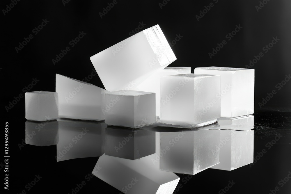 Aufkleber a group of translucent ice cubes of varying sizes and shapes are arranged on a reflective black surf
