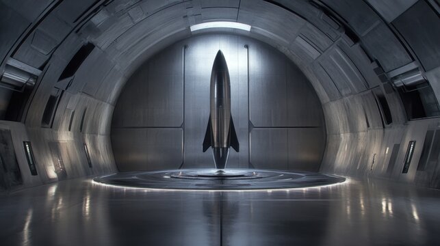 A high-tech launch pad with a rocket standing tall under futuristic industrial lighting