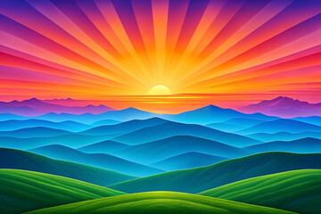 Obraz premium Vibrant sunrise over layered, colorful mountain ranges and green hills.