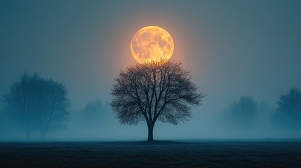 Fototapeta premium Misty field, lone tree, orange moon