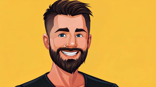 A cheerful young man with a beard and bright smile captivates with his charm in a vibrant yellow backdrop, perfect for influencers.