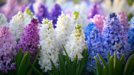A garden scene with white, purple, and blue hyacinths arranged in a harmonious color palette.