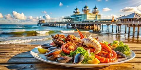 Obraz premium Delicious Seafood Lunch with Scheveningen Pier View