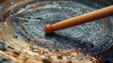 Drumstick strikes cymbal creating dynamic percussion sound with water droplets