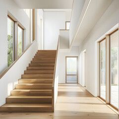 Obraz premium Modern Minimalist Wooden Staircase in Bright and Open Interior Space Featuring Natural Light