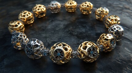 A luxury charm bracelet with gold and silver pendants glowing on a dark surface