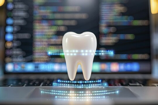 Digital representation of a tooth floating above laptop keyboard, with screens of code in background.