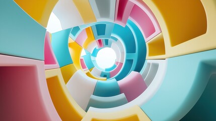 Colorful abstract tunnel with curved shapes and light at the center, evoking a sense of depth and whimsy in modern design