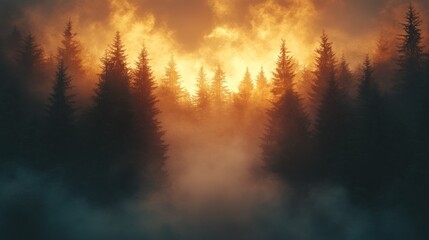 Naklejka premium Misty Forest Sunset Blaze