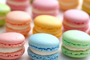 Fototapeta premium Assortment of colorful macarons, delicate French pastries with creamy filling.