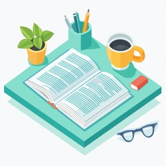 Cozy reading nook with open book, coffee mug, plants, and glasses on a desk, ideal for study and relaxation themes