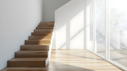 Obraz premium Modern Minimalist Wooden Staircase in Bright and Open Interior Space Featuring Natural Light