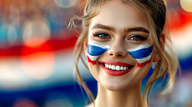 Enthusiastic Dutch woman cheering in national colors at a sports event, copy space, blurry stadium background.
