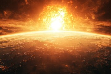 Obraz premium Massive stellar explosion illuminates a planet's surface, creating a fiery, apocalyptic scene.