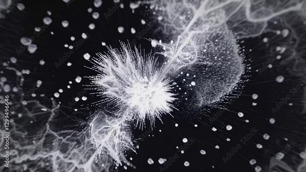 Poster abstract video of white particles exploding against a black background, captured from a top-down ang