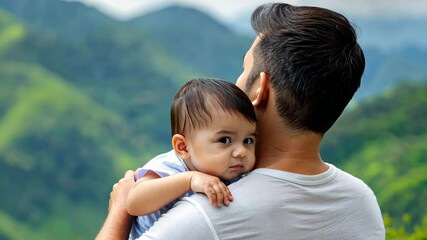 Heartwarming fatherhood concept image of a father carrying his child, revealing a stunning landscape on a white background.