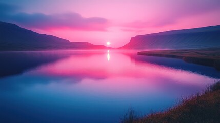 Fototapeta premium Misty Mountain Lake Sunset Reflection
