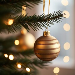 gold christmas ornament on a tree branch with bokeh lights.