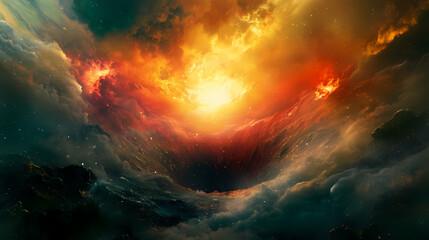 Fototapeta premium Vibrant colorful smoke rises from a mysterious crater, wonder , destruction, wonder , destruction, colorful, flames, chaos. Wonder - Sky. Illustration