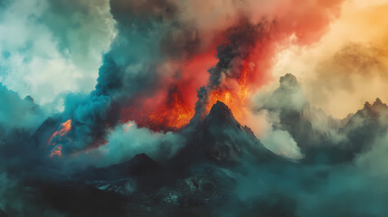 Fototapeta premium Vibrant colorful smoke rises from a mysterious crater, wonder , destruction, wonder , destruction, colorful, flames, chaos. Wonder - Sky. Illustration