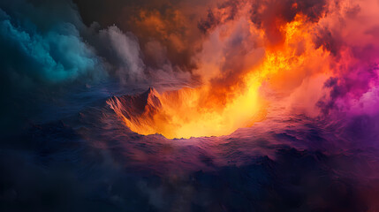 Fototapeta premium Vibrant colorful smoke rises from a mysterious crater, wonder , destruction, wonder , destruction, colorful, flames, chaos. Wonder - Sky. Illustration
