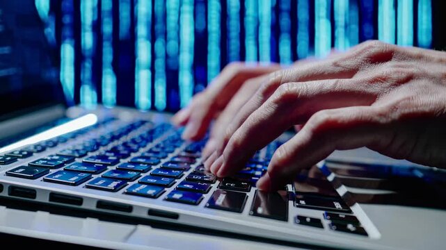 Close-up video of hands typing on a laptop keyboard, shot from a side angle. The style is dynamic, focusing on fast-paced digital work.
