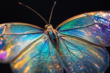 A vibrant iridescent butterfly with intricately detailed wings, showcasing a mesmerizing spectrum of colors.