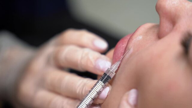 Cosmetologist doctor making multiple injections biorevitalization in woman face skin lops, closeup shot. Mesotherapy, beauty concept
