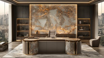 Elegant boss' desk in luxurious office overlooking a modern cityscape, indoors