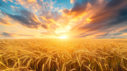 Obraz premium A golden wheat field stretching to the horizon beneath a vibrant sky.
