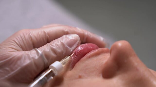 Beautician doctor makes botox injection in the lips of young beautiful woman. Colorcorrected 4k shot