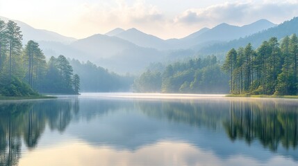 Fototapeta premium Misty Sunrise Lake Mountain Reflection