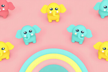 Cute pastel elephants surrounding a rainbow on pink background.
