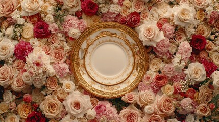 Elegant dishes amidst a wall of blooming roses, a backdrop for events