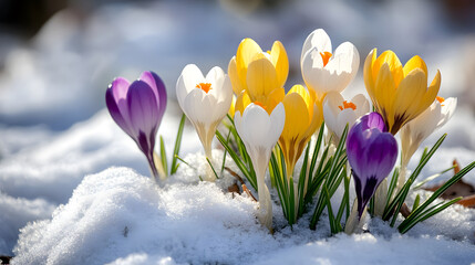 A group of crocuses emerging from the snow, with various shades of purple, yellow, and white petals creating a colorful scene.