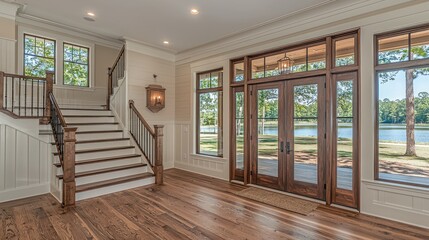 Elegant entryway, wooden stairs. Lake view. Real estate, design and architecture