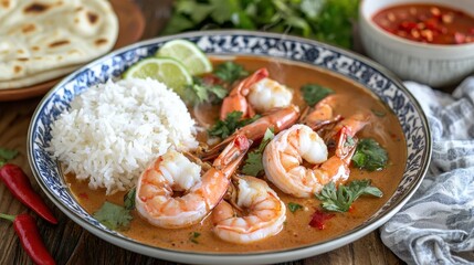 Delicious Shrimp Curry with Rice and Naan Bread Ready to Serve